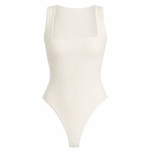 OQQ Ribbed Square Neck Bodysuit Cream Off White Sleeveless Medium